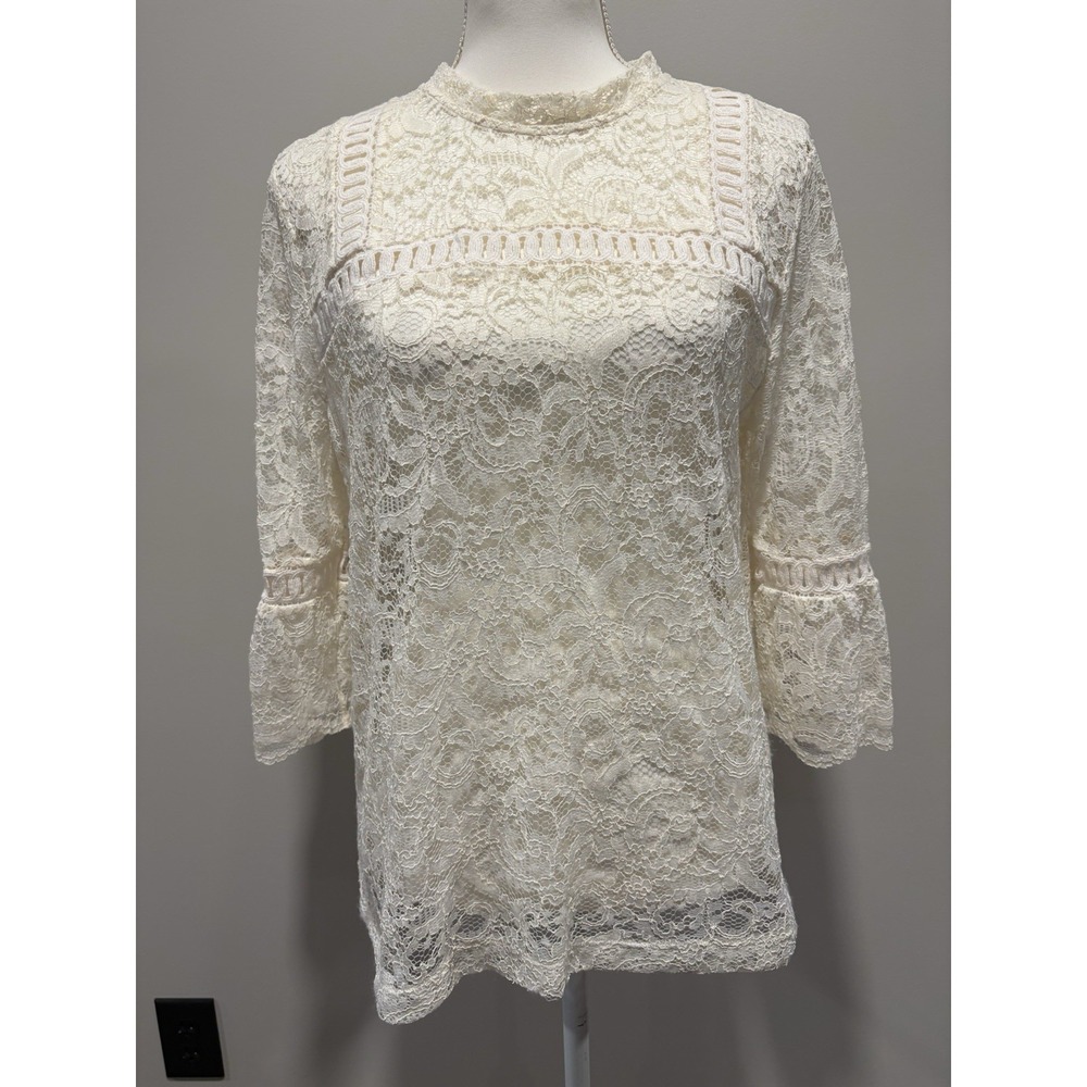 Ann Taylor Loft Women's Large Mock Neck 3/4 Sleeve White Sheer Lace Top Ethereal